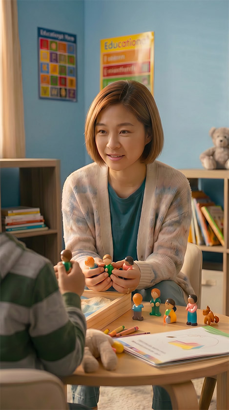 Caregiver guiding a child with colorful wooden figures at a small table in a bright classroom.