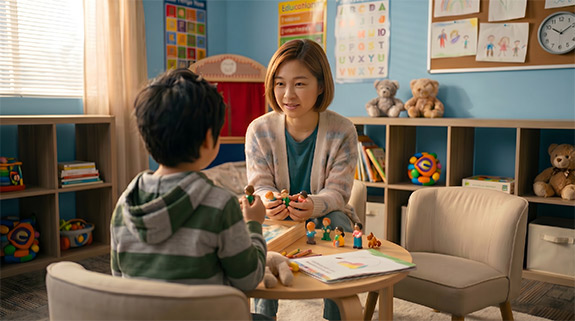 Teacher sits at a small round table across from a child, playing with toy figures in a colorful classroom.